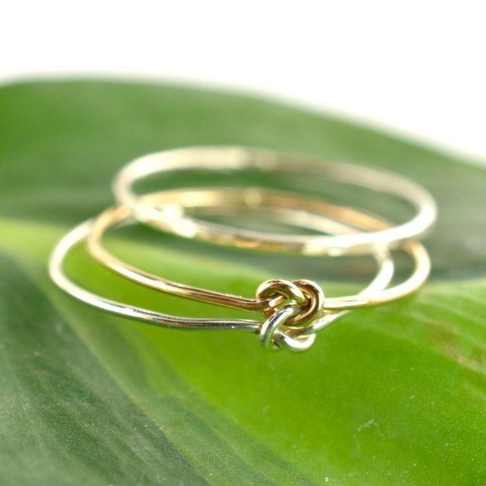 Double the Love Knot Stacking Ring Set of 2, Mixed Silver and Gold Skinny Rings, Stackable Ring Bands, Size 10