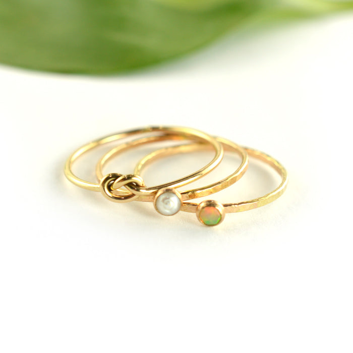 Size 7-7.5 / Gold Welo Opal & Pearl Stacking Ring Set of 3