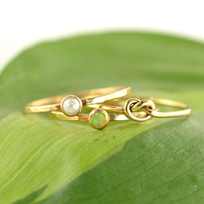 Size 7-7.5 / Gold Welo Opal & Pearl Stacking Ring Set of 3