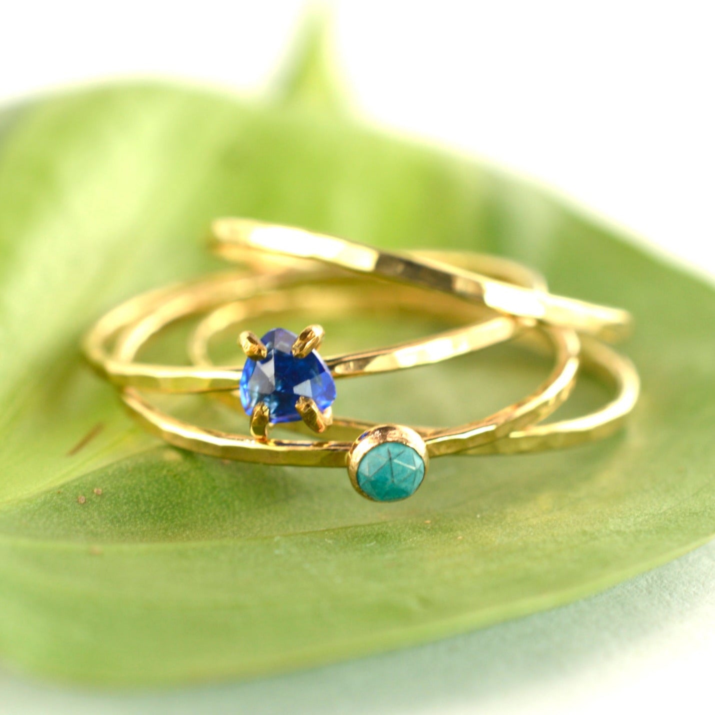 Prong Set Trillion Cut Sapphire & Bezel Set Rose Cut Arizona Turquoise & Hammered Thin Gold Stacking Ring Set of 4, Size 9-9.5.