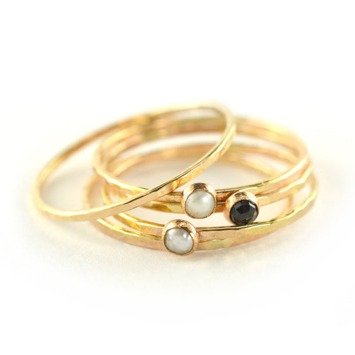 Cream Fresh Water Pearl & Rose cut Black Spinel Gold Stacking Ring Set, Size 9