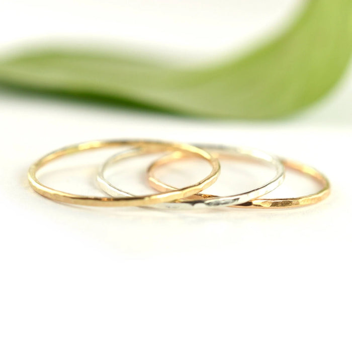 YELLOW GOLD, 1 ROSE GOLD and 1 SILVER hammered stacking rings