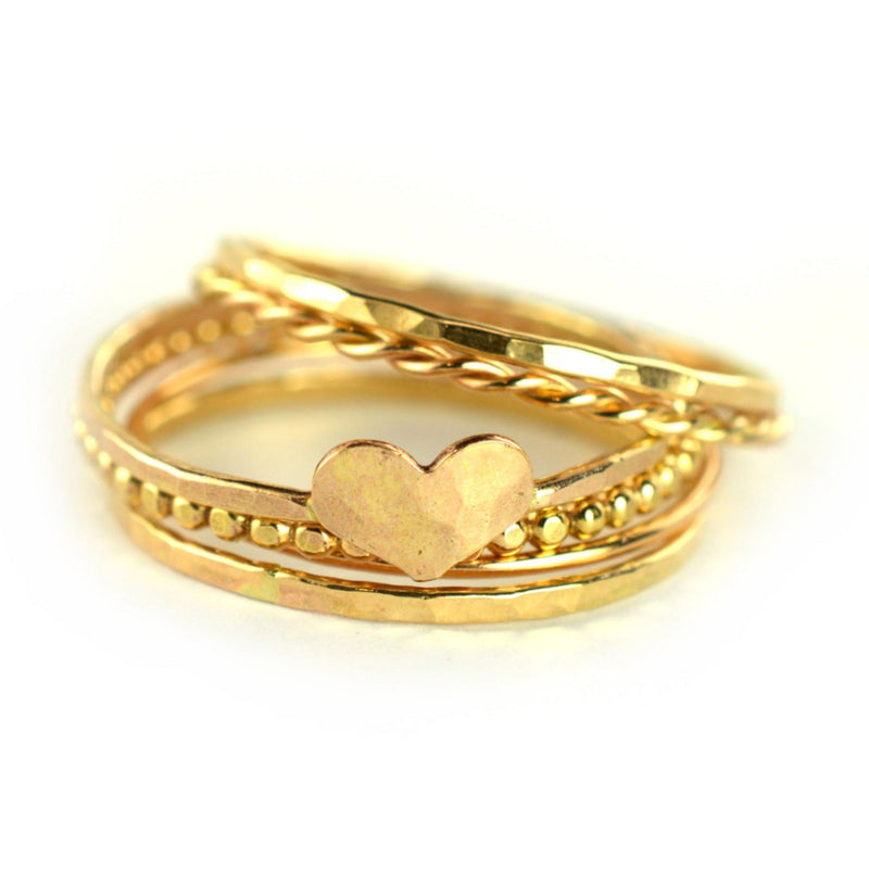 Gold Heart Skinny Stacking Ring Set Made With A Variety of Ring Styles